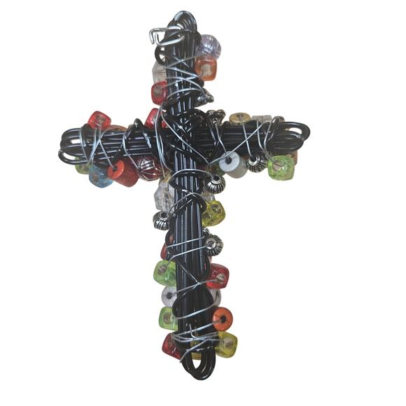 Vintage Handmade Cross Beaded & Twisted Wire Hanging Hook Christian Faith Unique - Picture 3 of 7